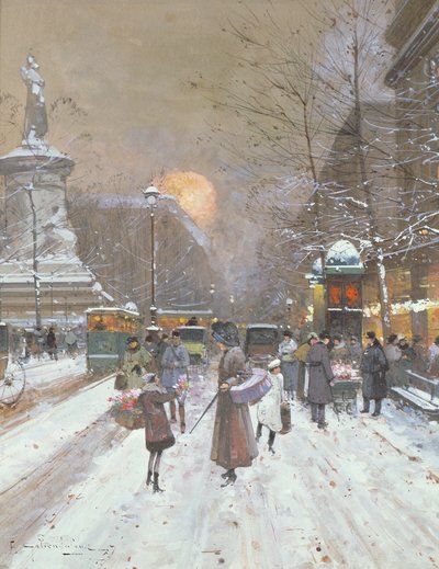 Parisian Snow Scene by Eugene Galien Laloue